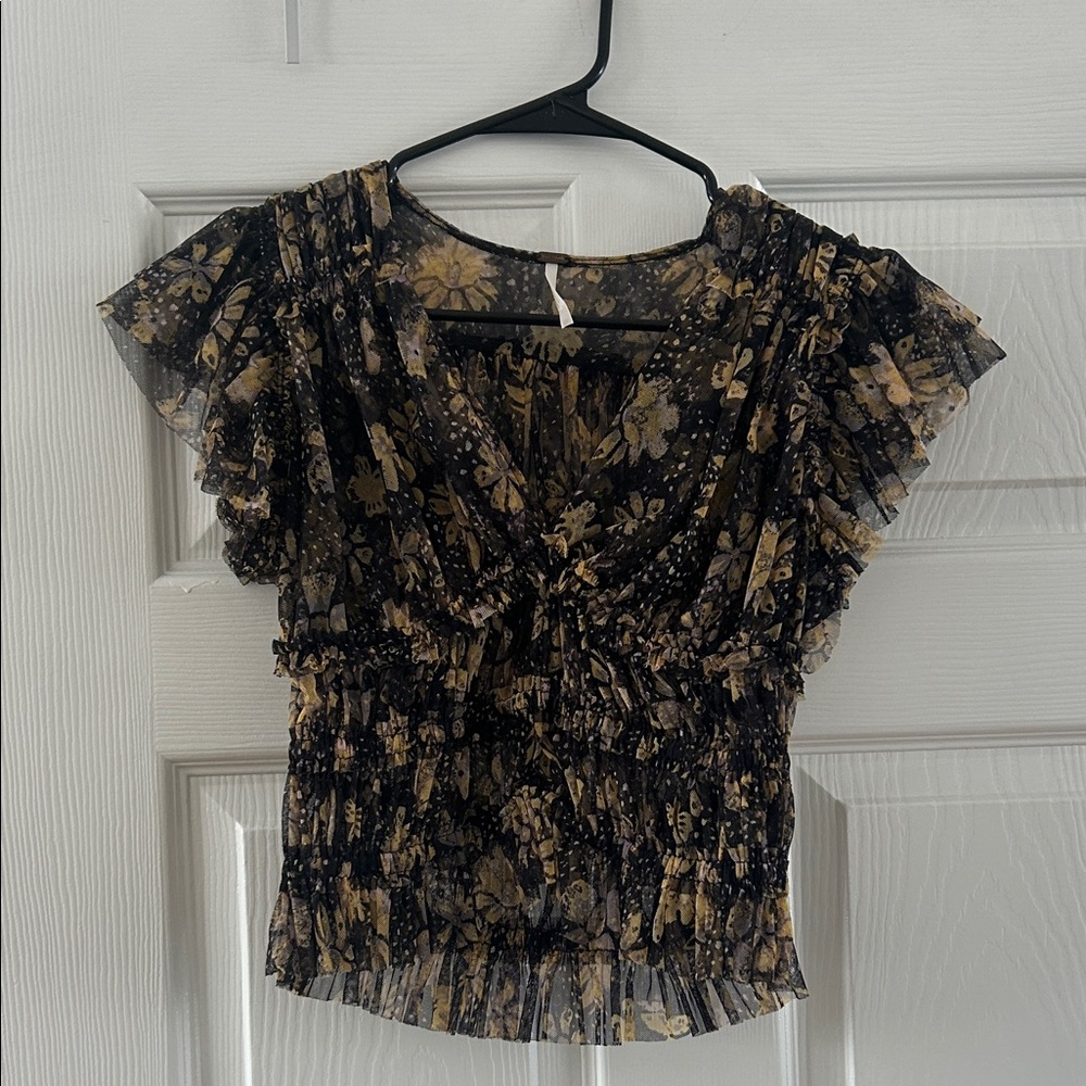Free People Floral Ruffle Sleeve Top